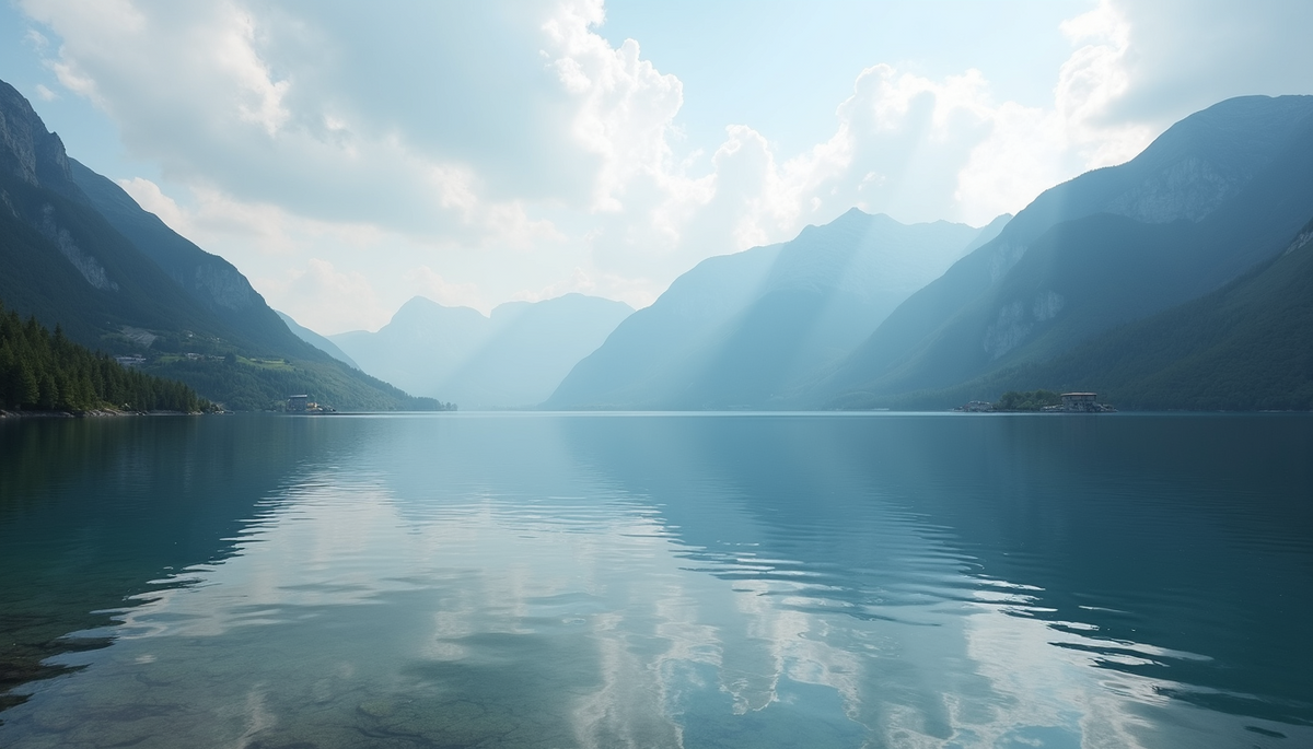 Wide angle view of a calm lake with mountains in the background
