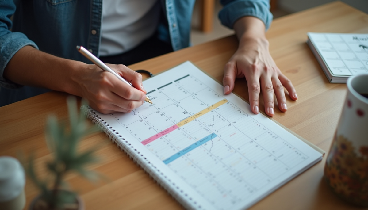 High angle view of a father organizing a family schedule on a calendar