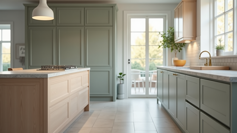 Eye-level view of a modern kitchen with painted cabinets and new hardware