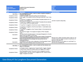 Table showing data for user stories and acceptance criteria.