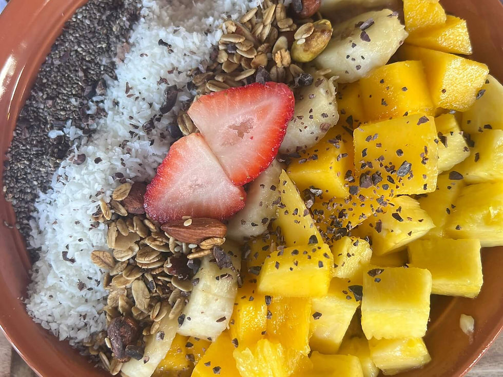 A bowl of chia seeds, coconut, granola, banana, mango, and strawberry slices. The ingredients are vibrant and arranged neatly.