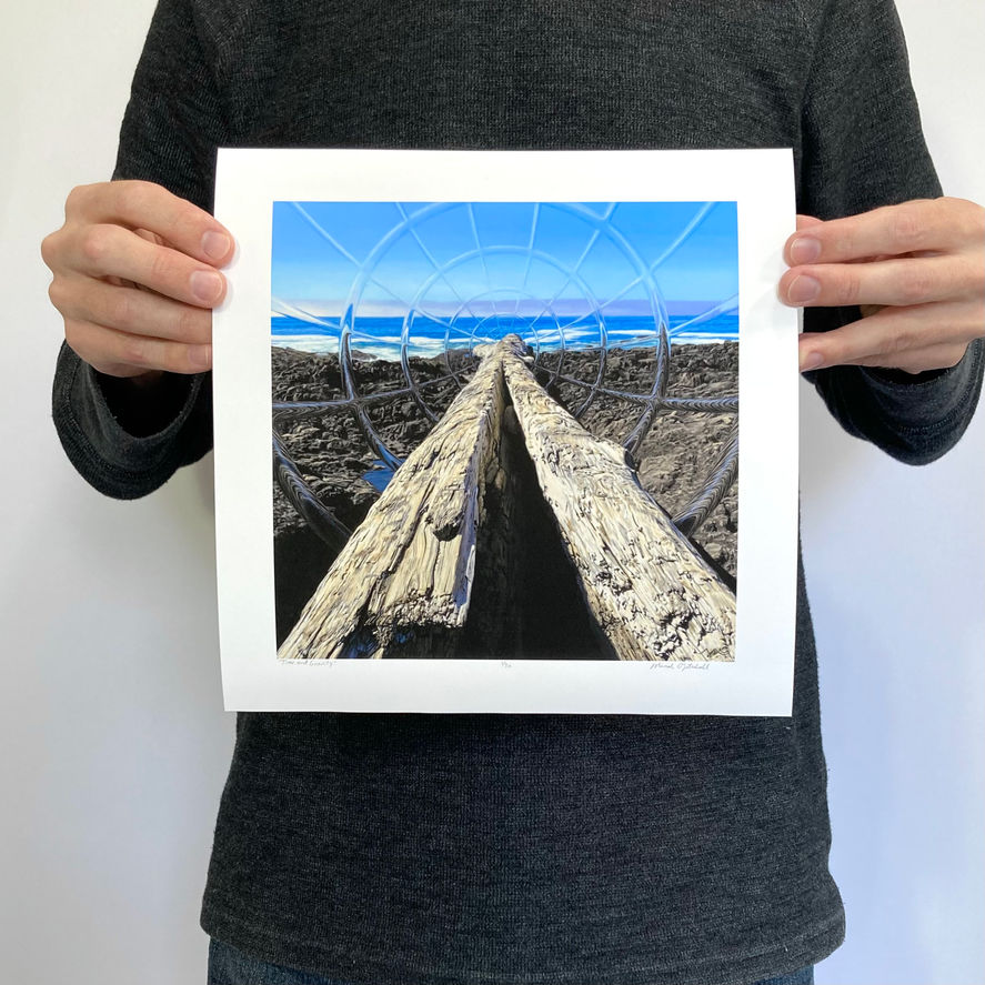 Surreal coastal art print with driftwood. 10" x 10"