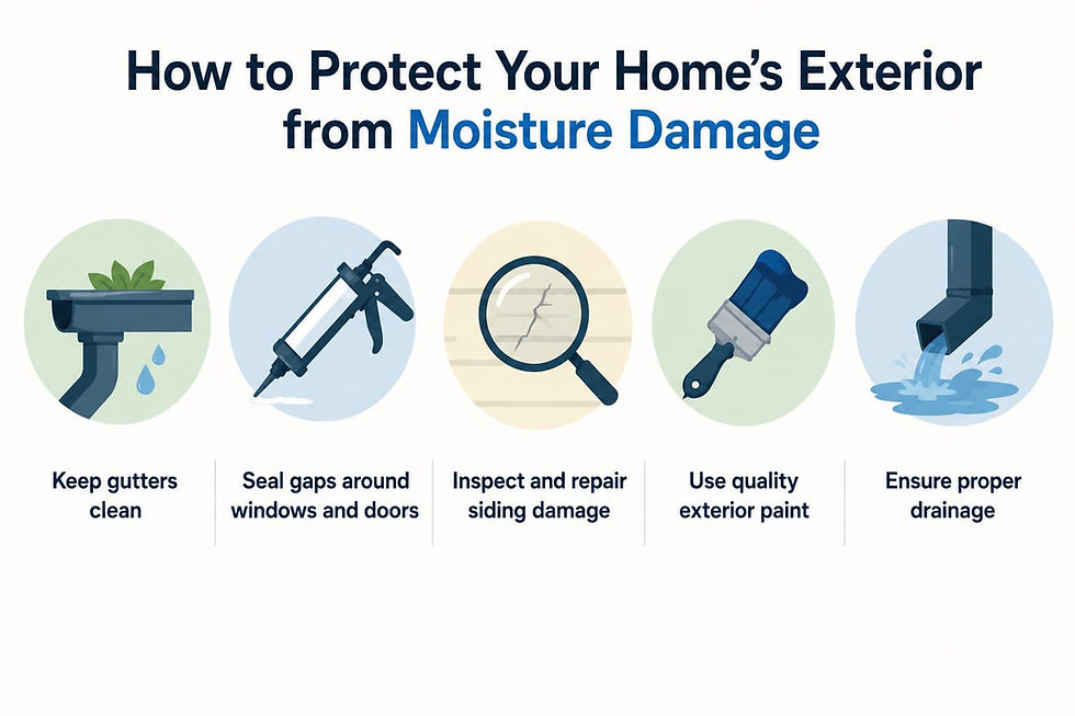 Visual guide to protecting your home's exterior from moisture damage with maintenance and prevention tips.
