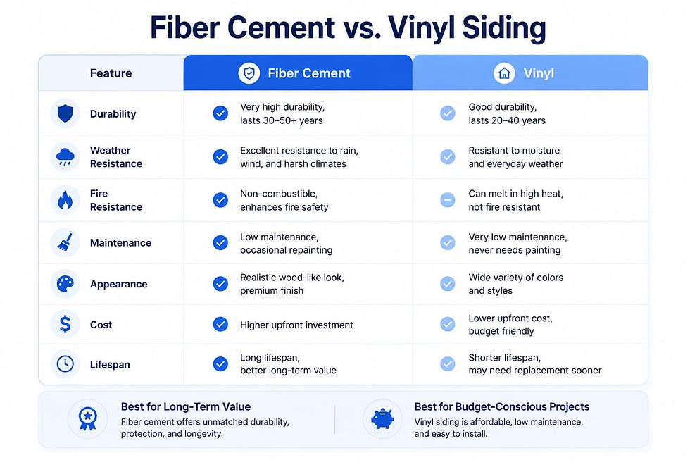 Comparison chart of fiber cement vs. vinyl siding, highlighting differences in durability, maintenance, weather resistance, appearance, cost, and lifespan.