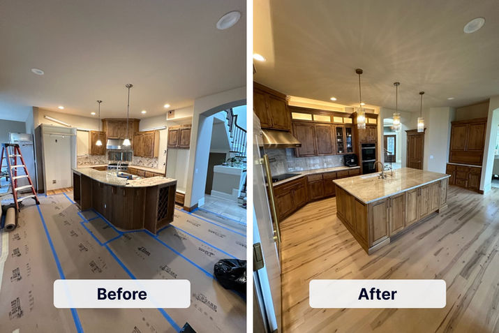 Kitchen before/after: from a construction zone to a luxurious space with a large stone-top island and wood cabinetry.