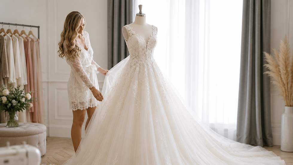Bride viewing a wedding dress for professional cleaning and alterations