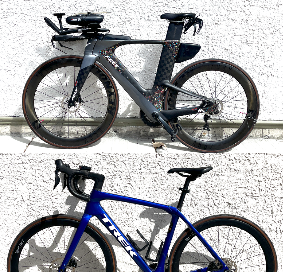 Picture of a Felt triathalon bike and a Trek road bike.