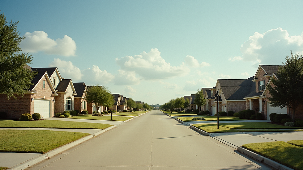 Wide angle view of a suburban Texas neighborhood with single-family homes