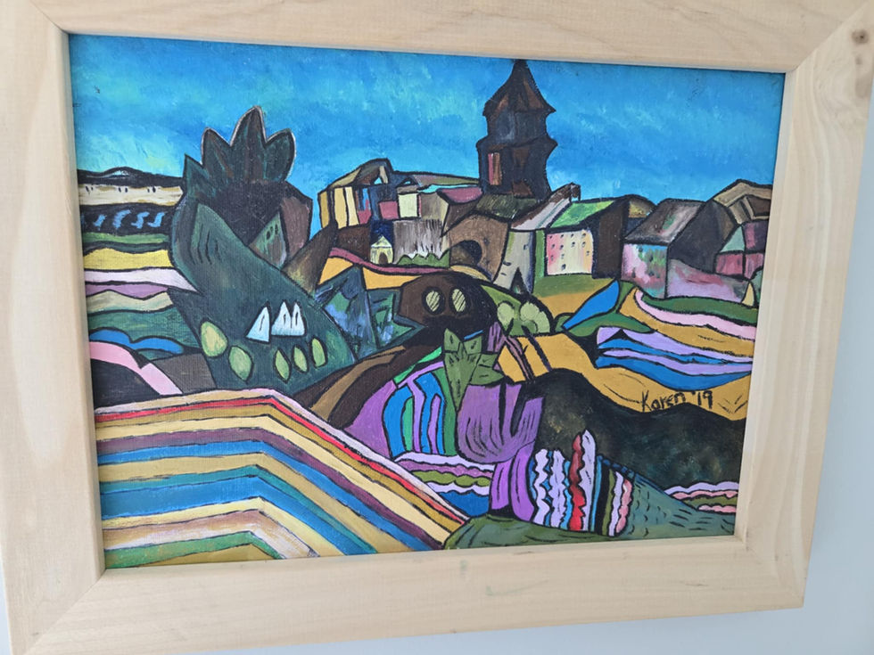 Colorful painting of a village landscape