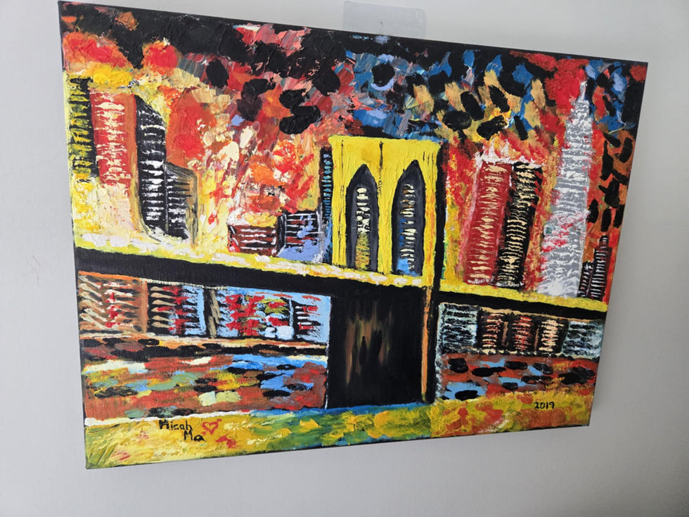 Abstract painting, vibrant colors, bridge