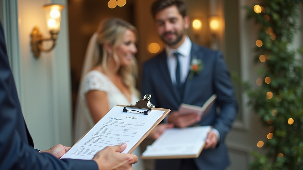 Eye-level view of a wedding coordinator managing event details on a clipboard