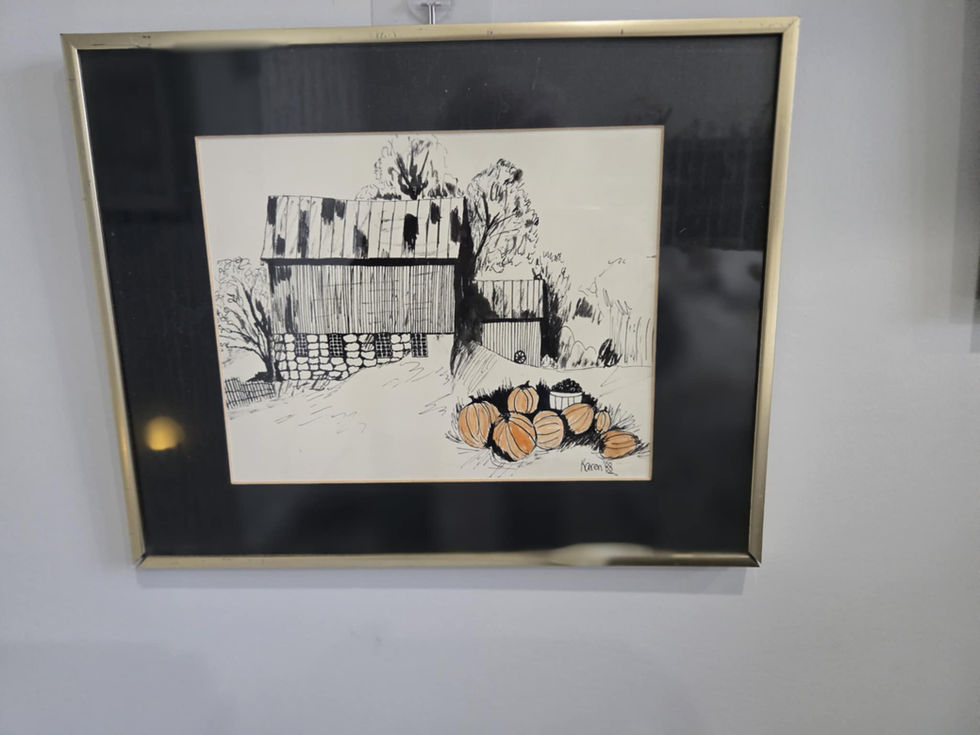 Framed ink drawing: barn and logs