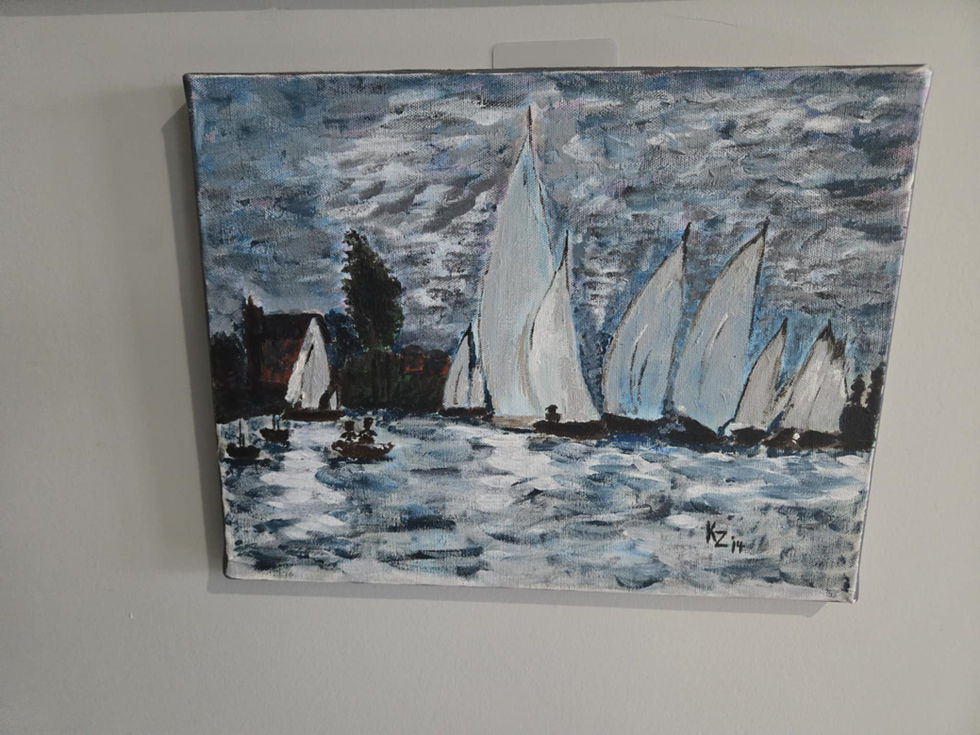 Sailboats on water, cloudy sky, painting