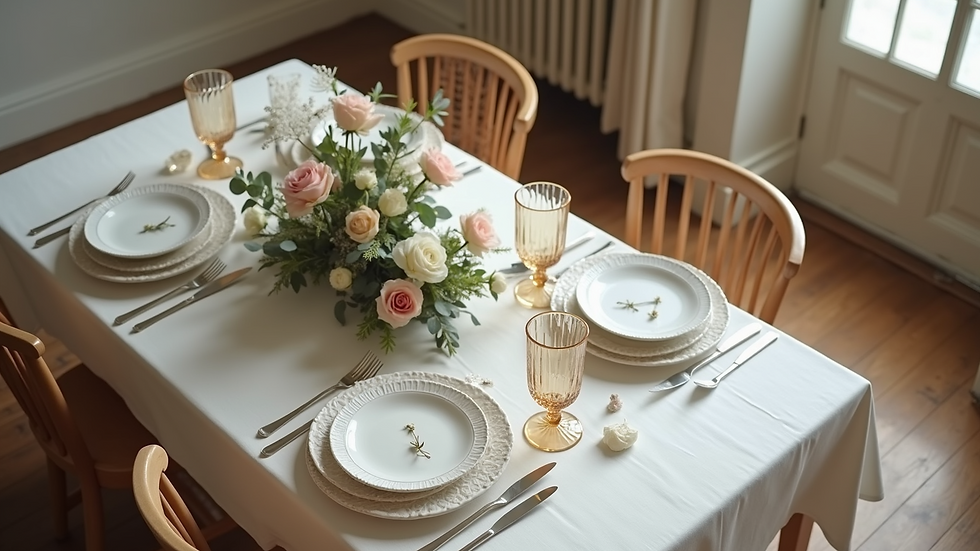 High angle view of a simple wedding table setting with minimal decorations