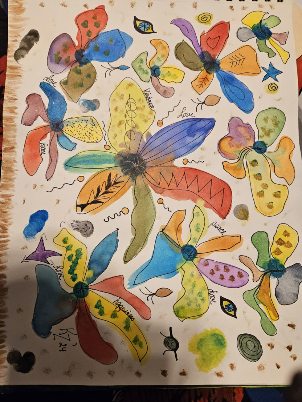 Colorful abstract painting of flowers and butterflies