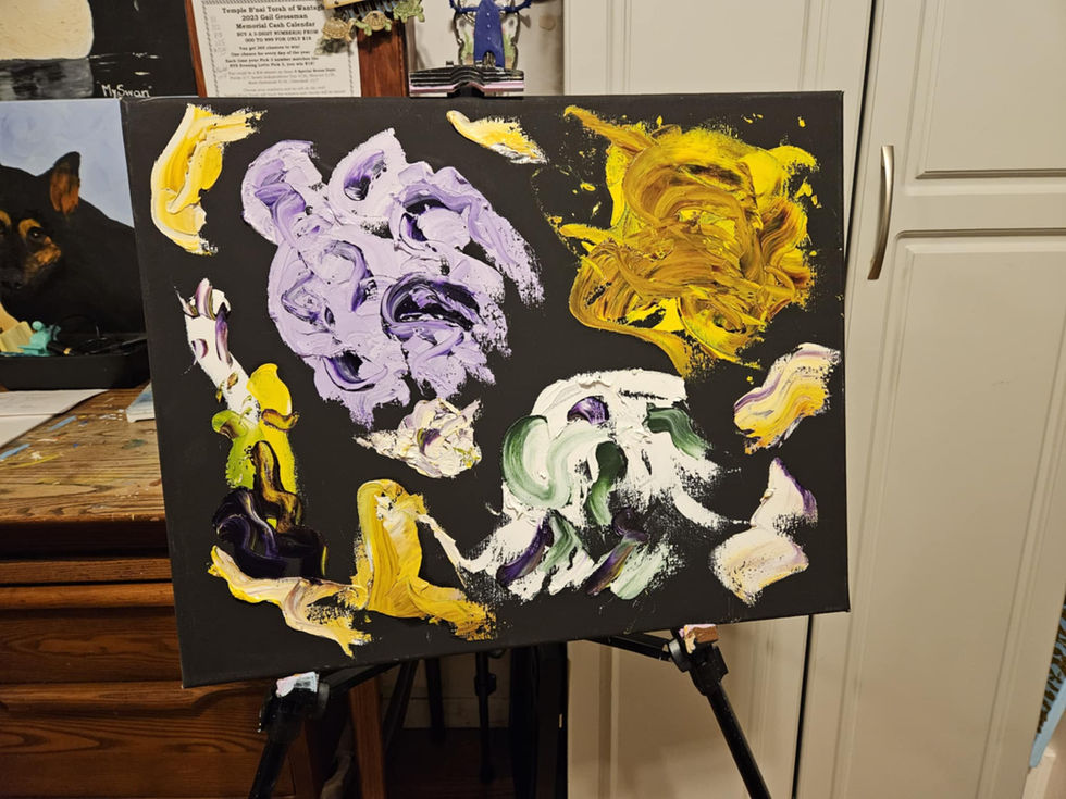 Abstract acrylic painting purple, yellow, and green swirls on black canvas