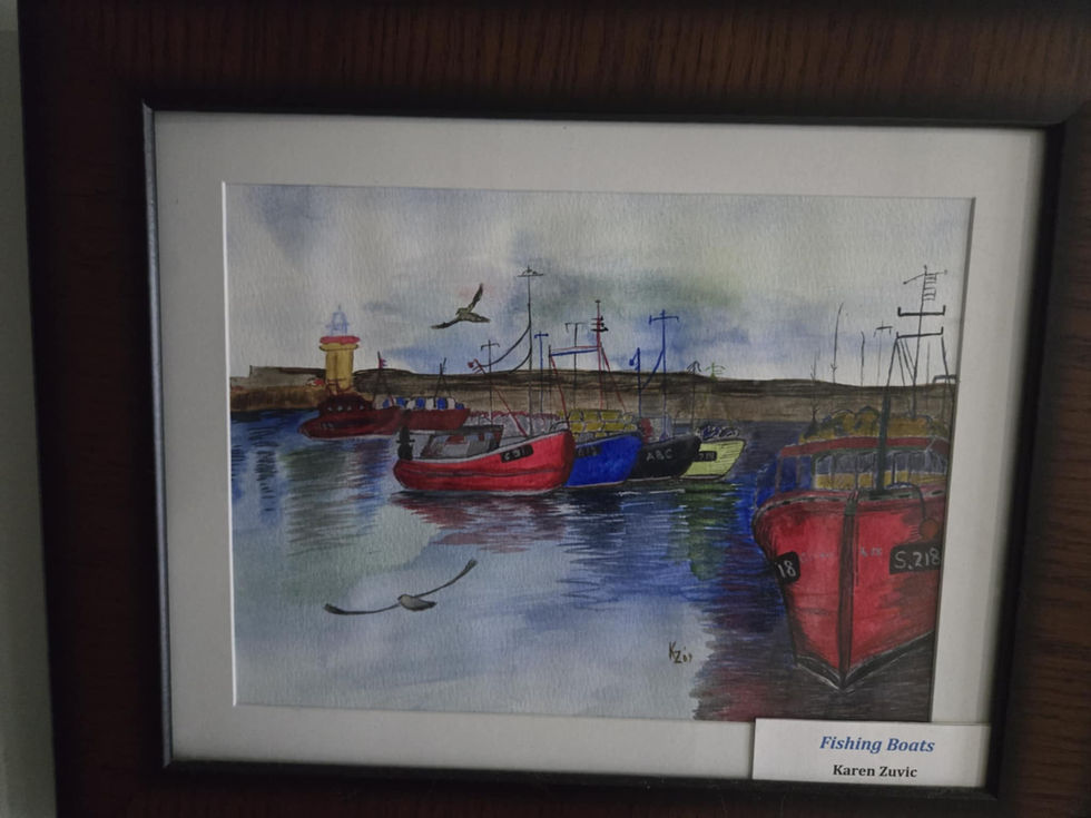 Harbor painting: Fishing boats and lighthouse
