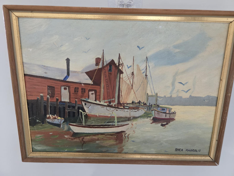 Painting of sailboats and a red building at a harbor
