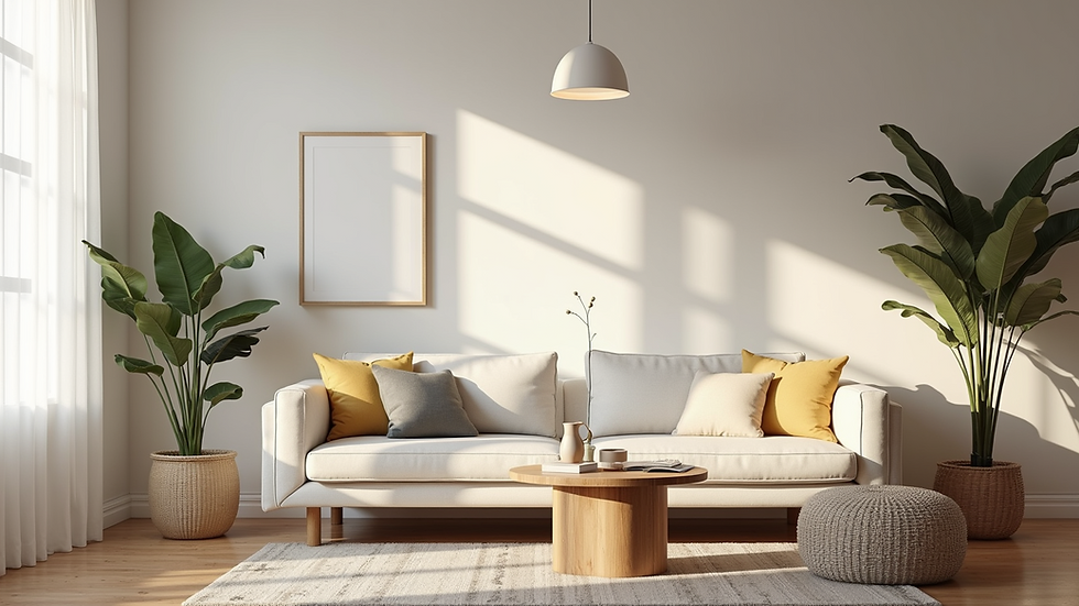 Eye-level view of a cozy, minimalist living room with natural light