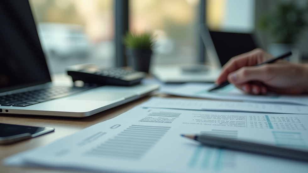 Eye-level view of a neat desk with a laptop, calculator, and financial documents
