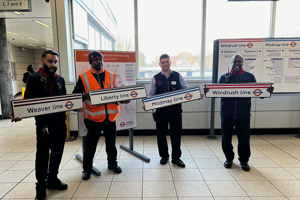 TfL staff show off the new London Overground line names at the official launch at Highbury & Islington Station in February 2024