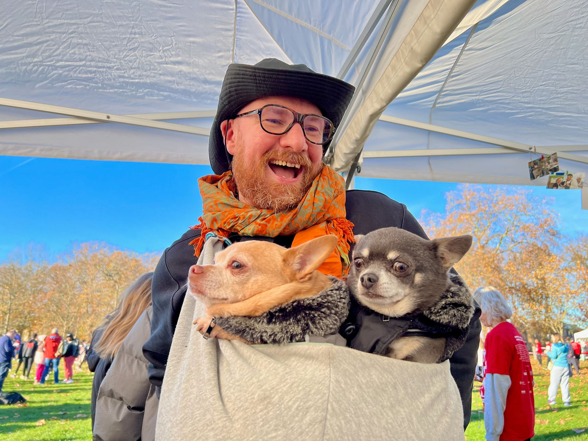 He came to cheer us along with two little dogs in a papoose