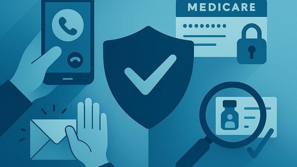 Phone, shield with checkmark, envelope, hand, Medicare card, and magnifying glass on blue background, symbolizing security.