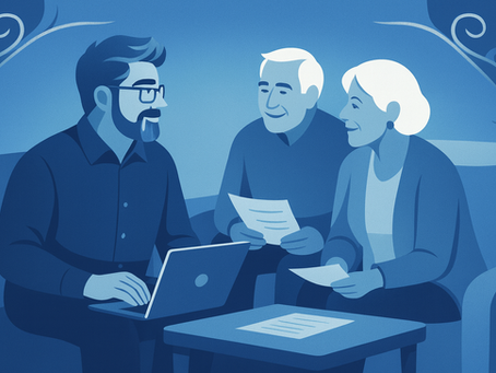 Advisor using a laptop while a senior couple reviews Medicare paperwork on their coffee table at home.