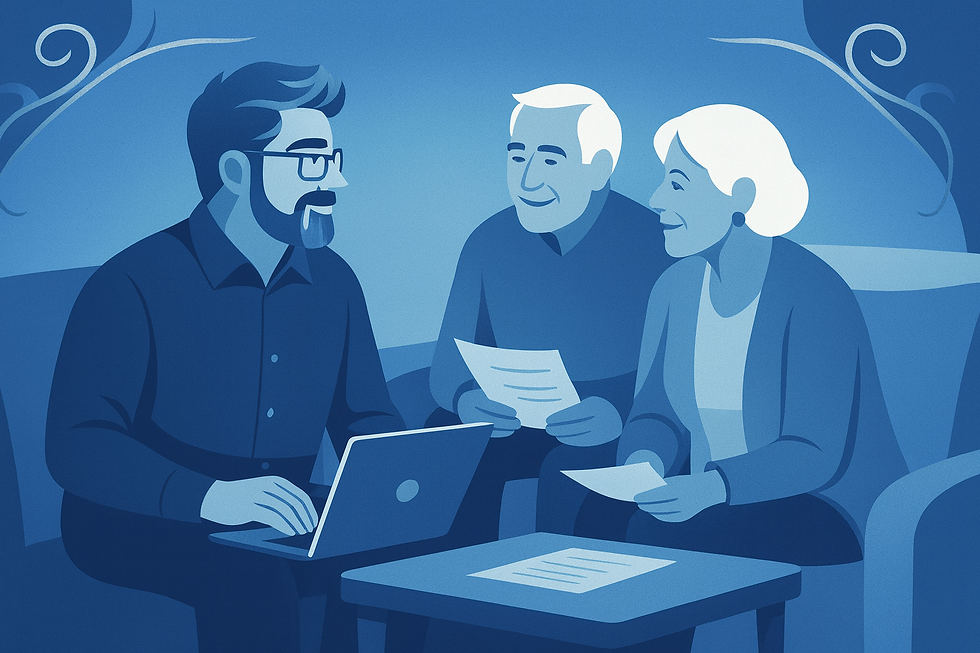 Three people sitting on a couch, discussing documents. A laptop is open in front of them. The room is blue-toned with ornate designs.