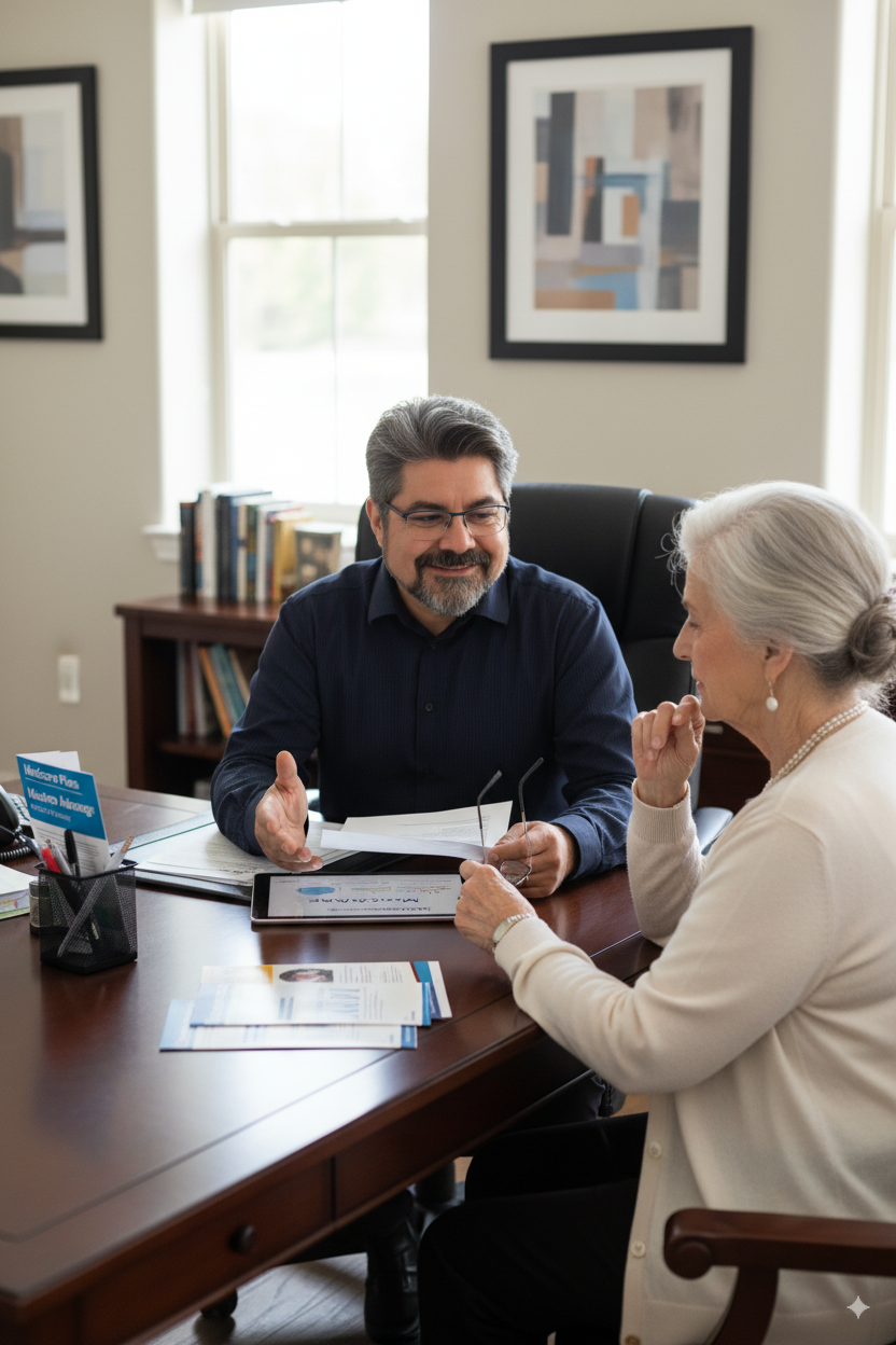 High angle view of a healthcare professional explaining insurance options to a senior