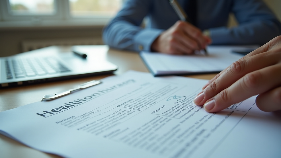 Close-up view of a person reviewing health insurance documents at a desk