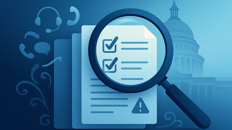 A magnifying glass over documents with check marks and an alert symbol. Icons of communication surround, with a capitol building in the background.