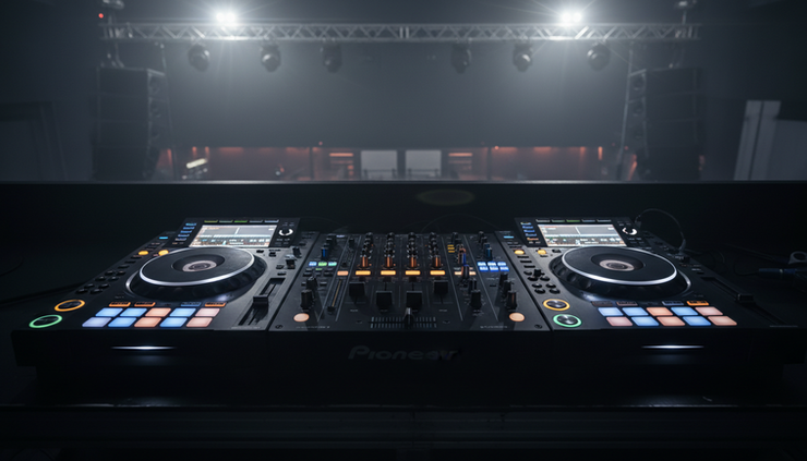 Close-up view of two club media players beside a mixer in a dark DJ booth