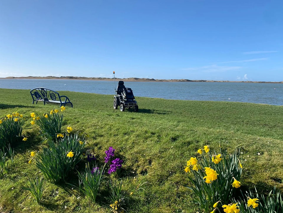 The Tramper at Ravenglass and Eskdale Railway. Lush grass and Spring flowers are in the foreground, with the Tramper further in the background (in front of a body of water).