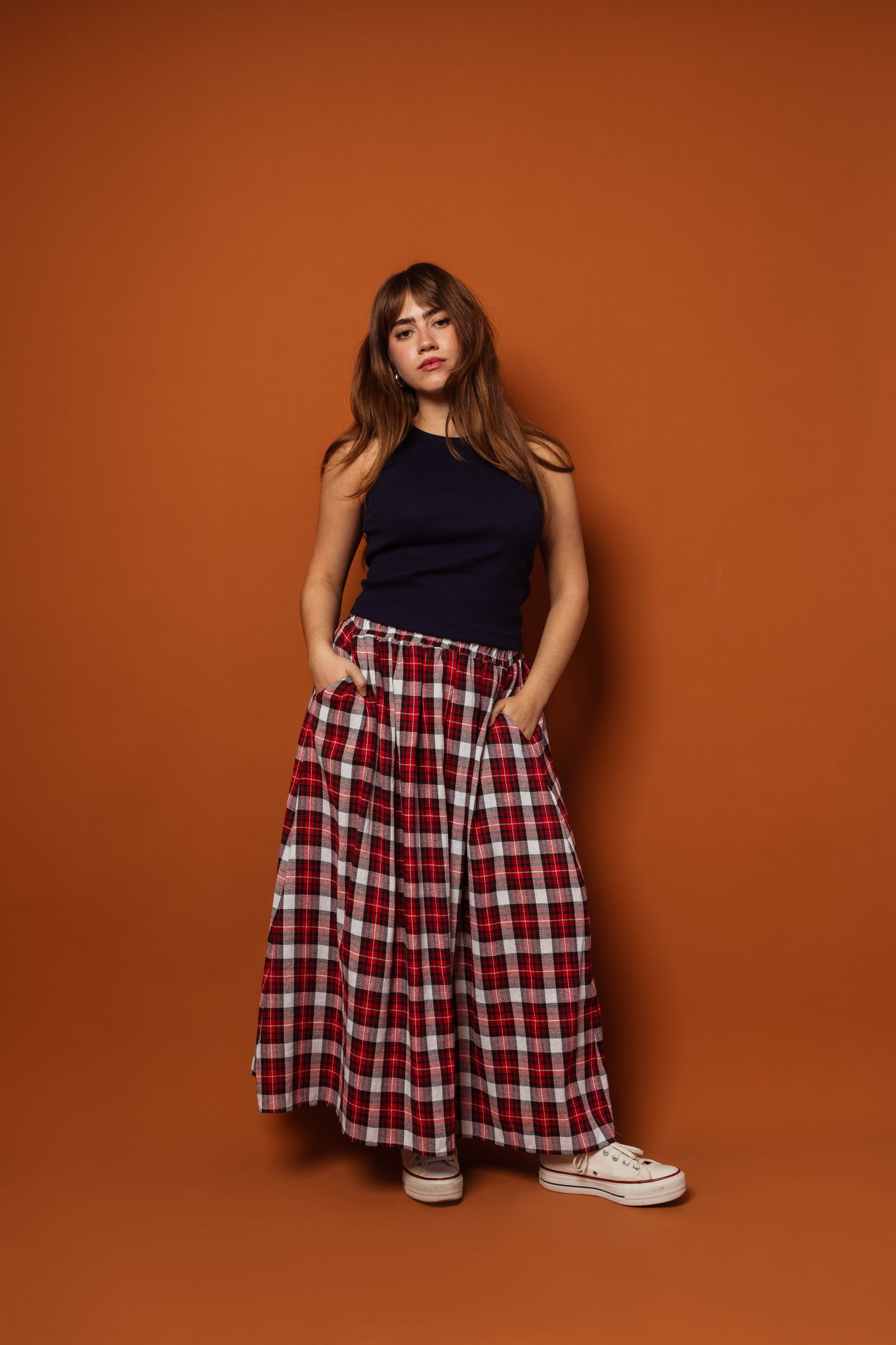 Saia Peônia Xadrez Vermelha