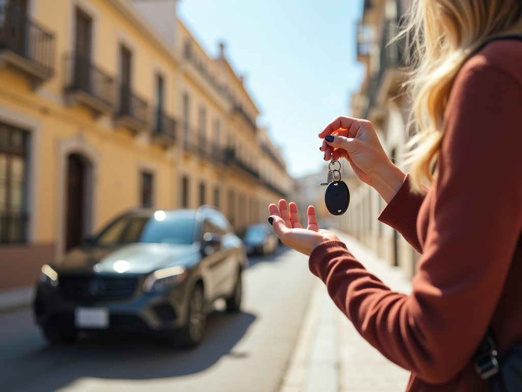 A cheerful person happily receiving car keys in front of a stylish rental car parked on a 