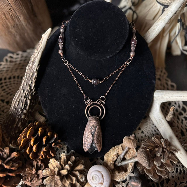 Thumbnail: Electro-formed Cicada Necklace with Garnet & Quartz on Antique Copper Chain