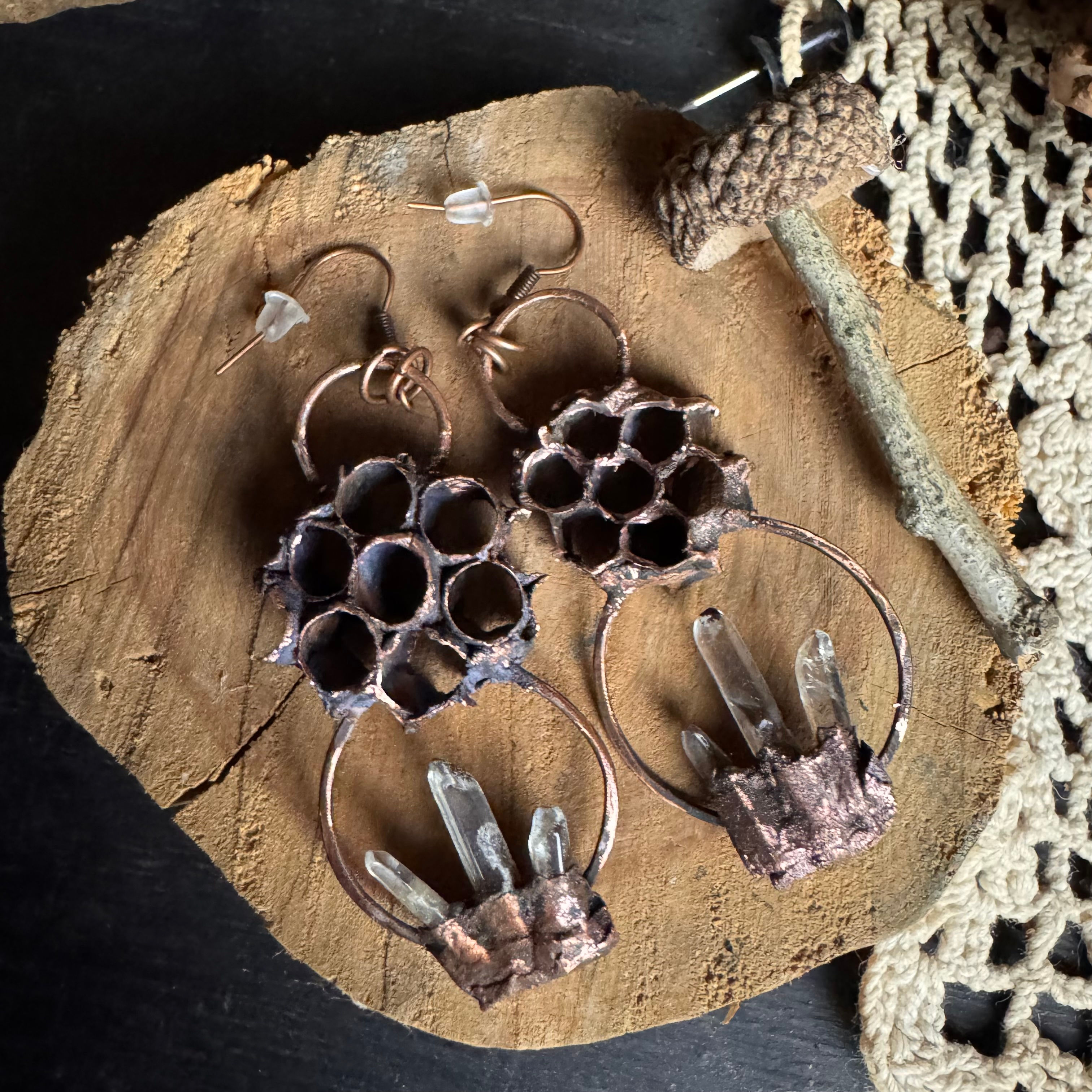 Electro-formed Copper Wasp Nest with Quartz Dangle Hoop Earrings.