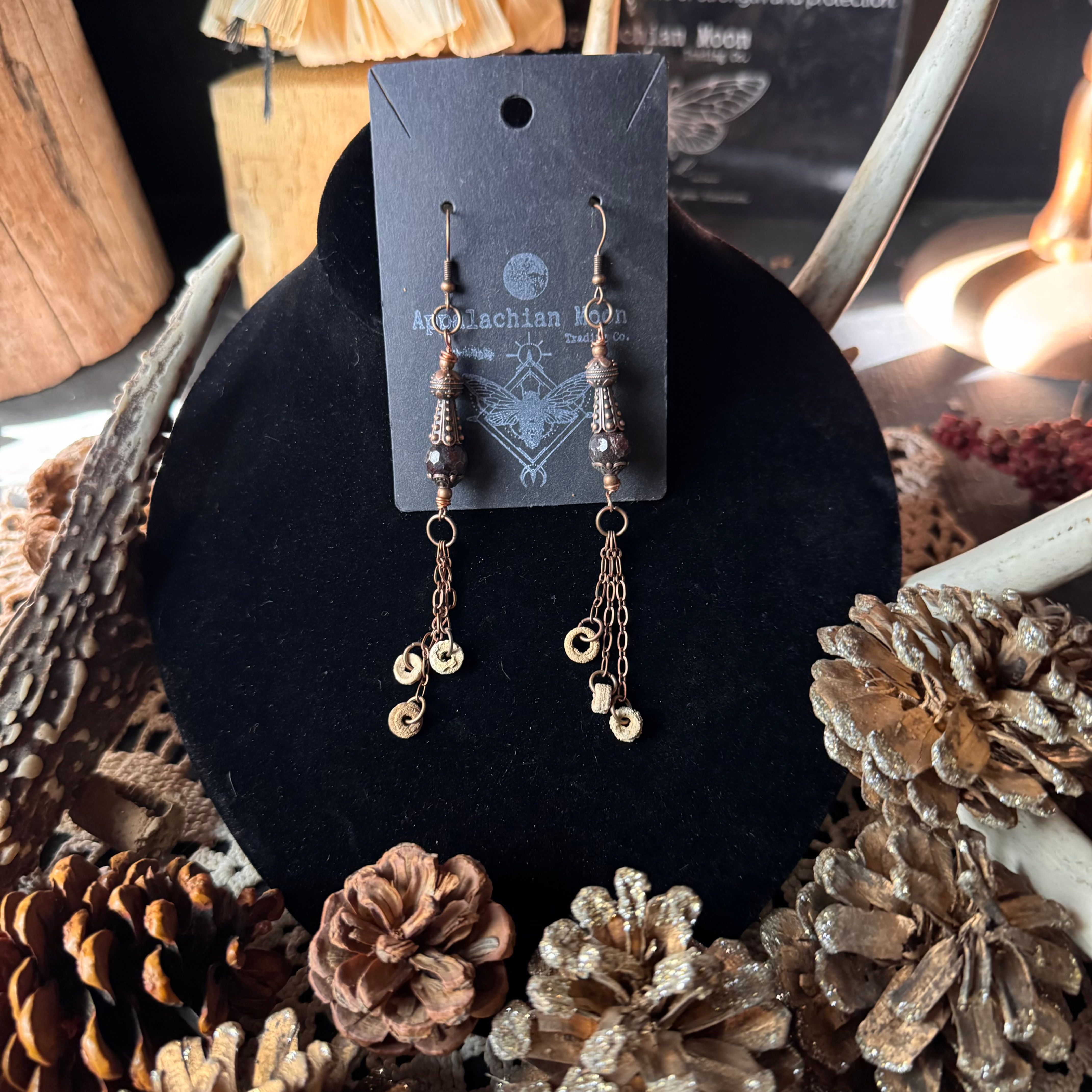 Antiqued Copper Capped Garnet and Crinoid Dangle Earrings with Hooks