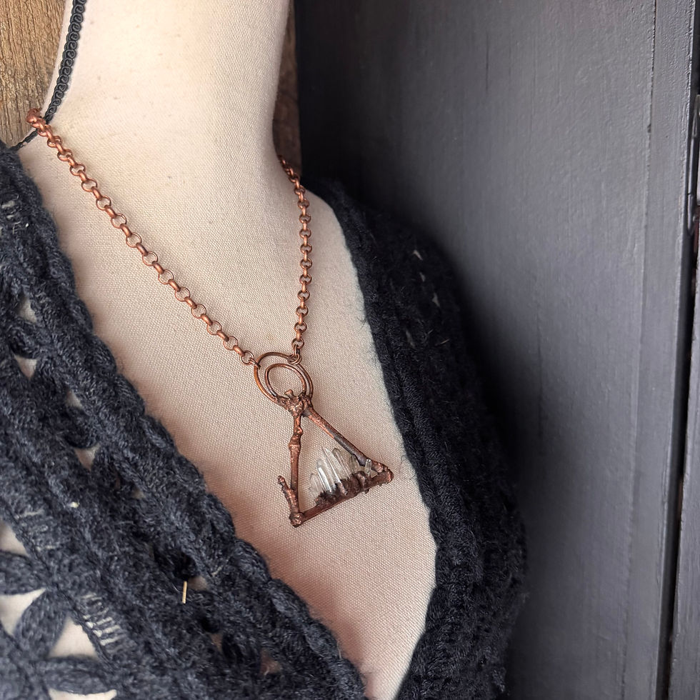 Thumbnail: Electro-formed Twig Triangle Pendent with Quartz Points on Antique Red Copper Ch