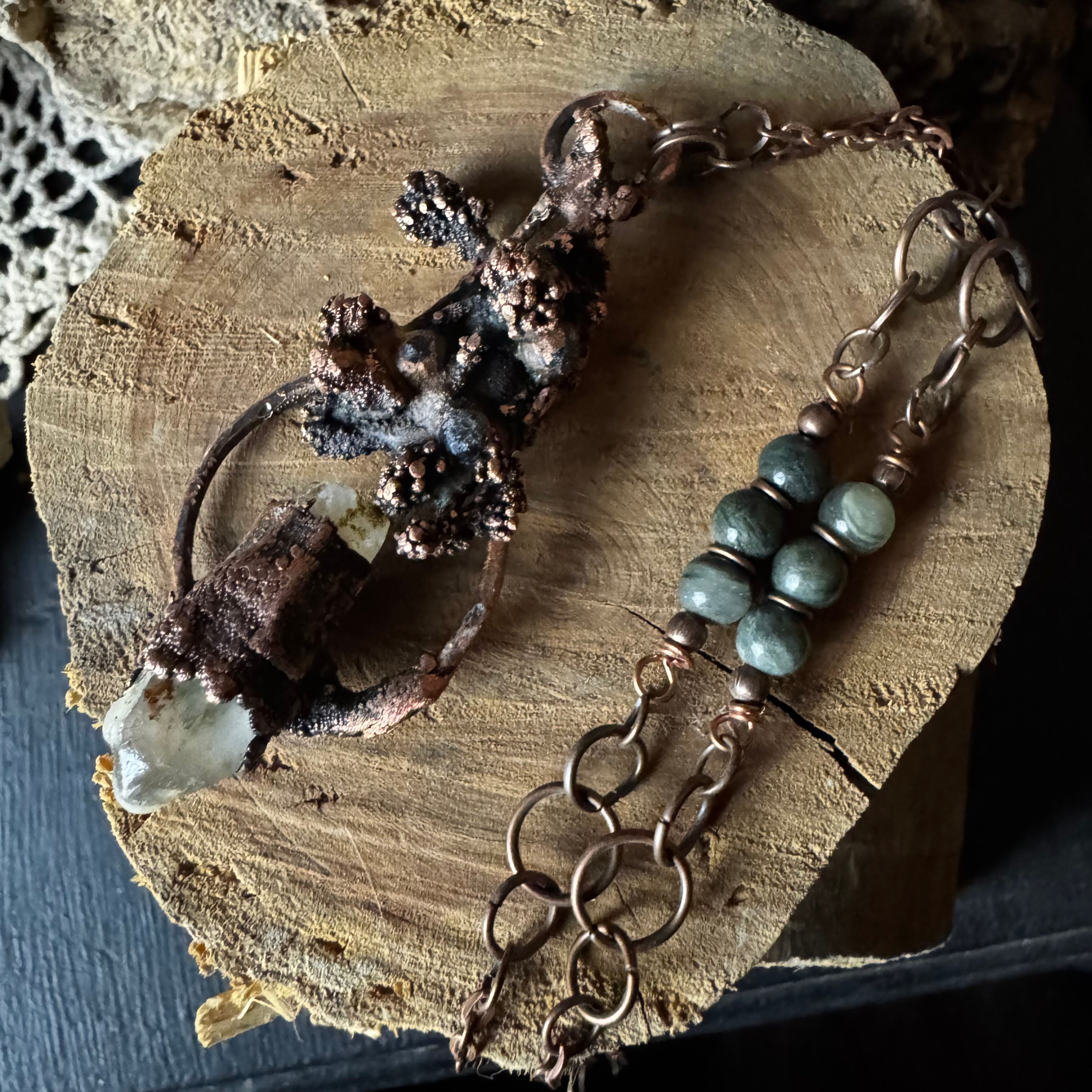 Electroplated Juniper Leaves with Quartz, Iolite and Moss Agate on Antiqued Copp