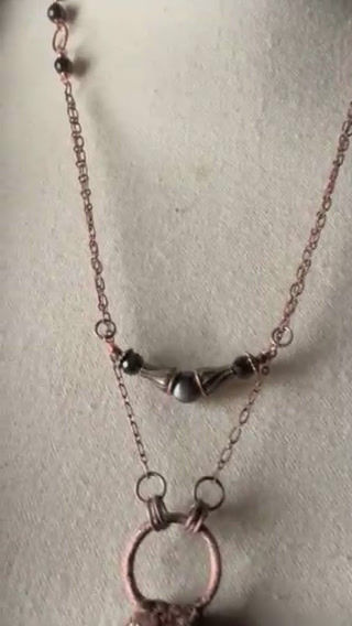 Thumbnail: Electro-formed Pink Sea Urchin Shell Necklace with Obsidian on Antique Red Coppe