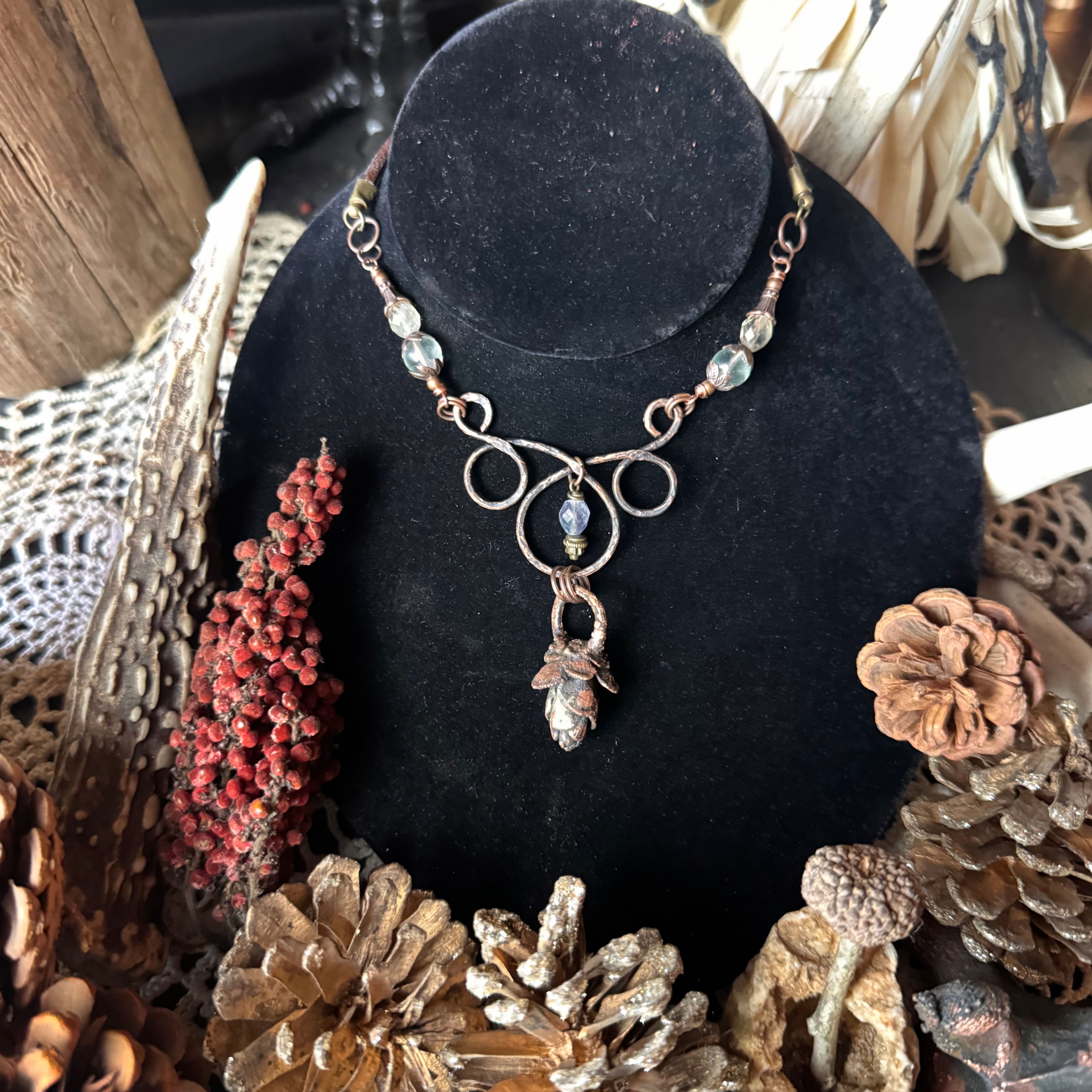 Electro-formed Pine Blossom with Fluorite on Leather Cord