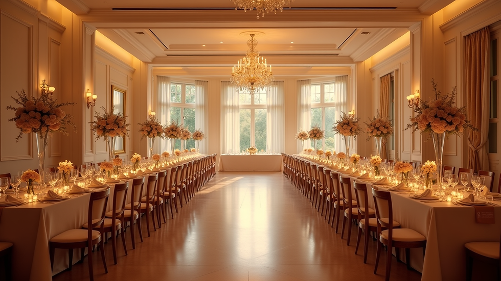 Wide angle view of decorated wedding reception hall with elegant table settings
