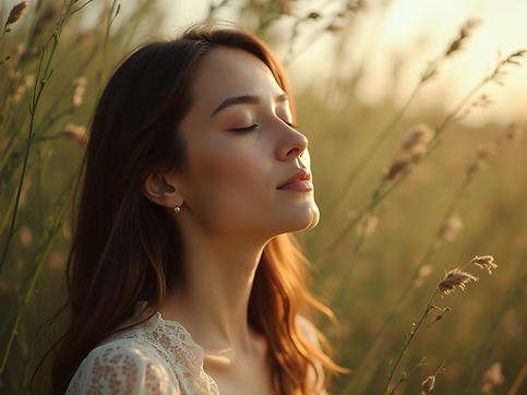 Portrait photography of a serene woman with closed eyes, bathed in soft, natural light, ra