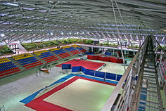 Stadium or sports center with wide-span steel roofing
