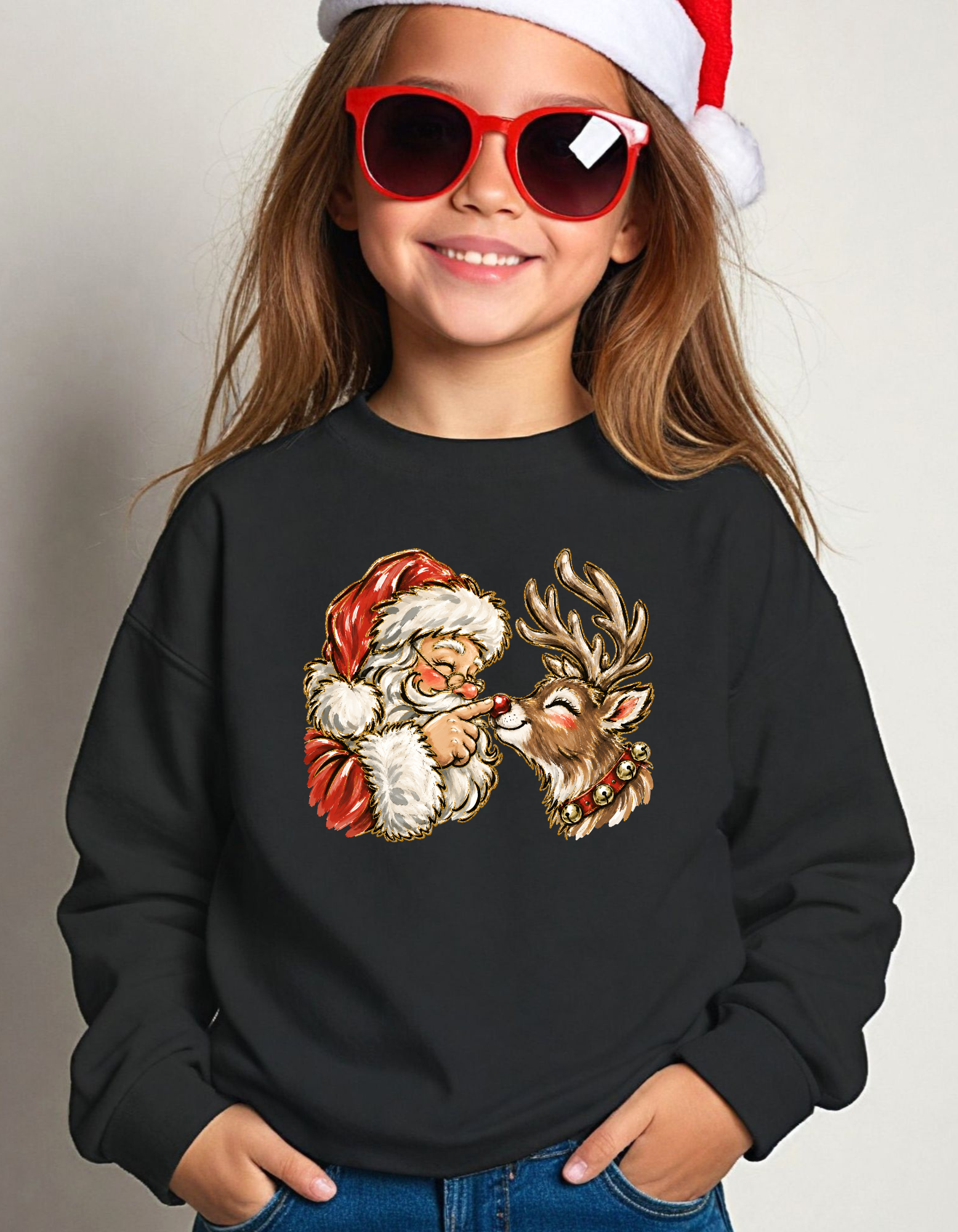 Santa & Rudolph Nose Boop Youth Christmas Sweatshirt | Holiday Reindeer Pullover