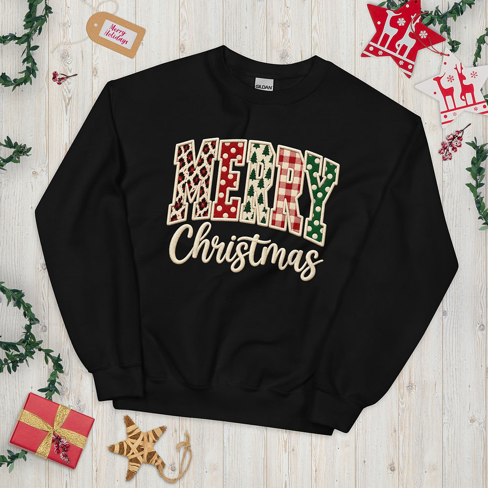 Thumbnail: Merry Christmas Embroidered Look Gildan Sweatshirt | Patchwork Christmas