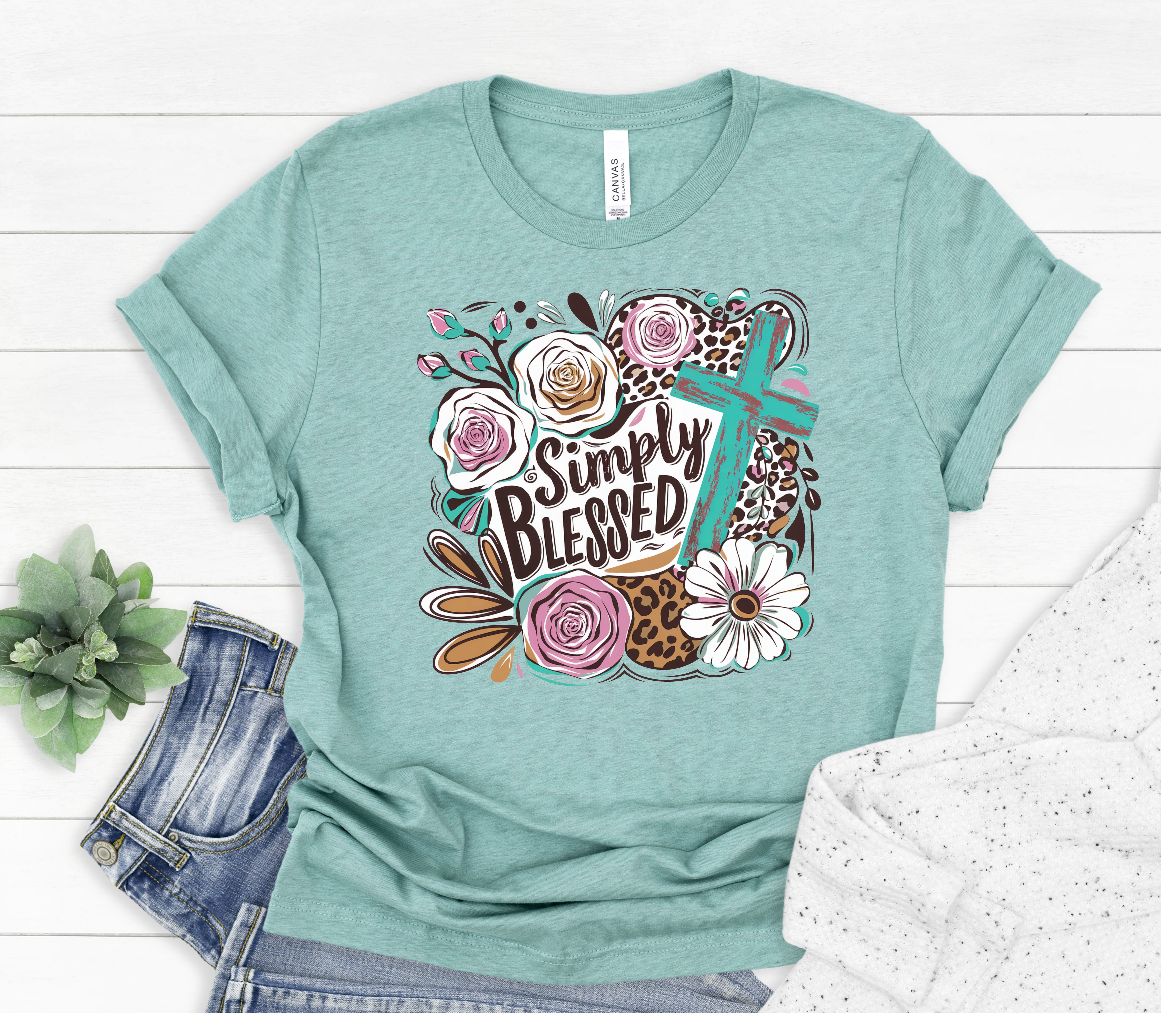 Simply Blessed Floral Design with Leopard Print & Cross - Bella Canvas T-Shirt