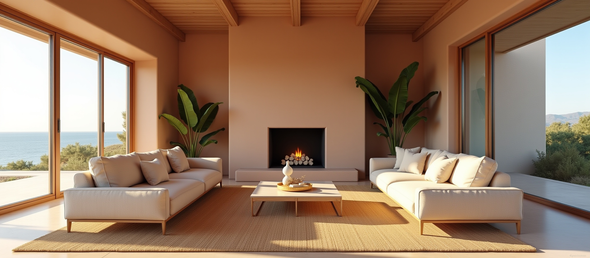 Gemütliches Wohnzimmer mit Kamin und Pflanzen